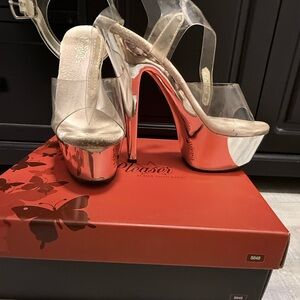 Pleased Clear Strap Metallic Platform Heels - Silver 7”